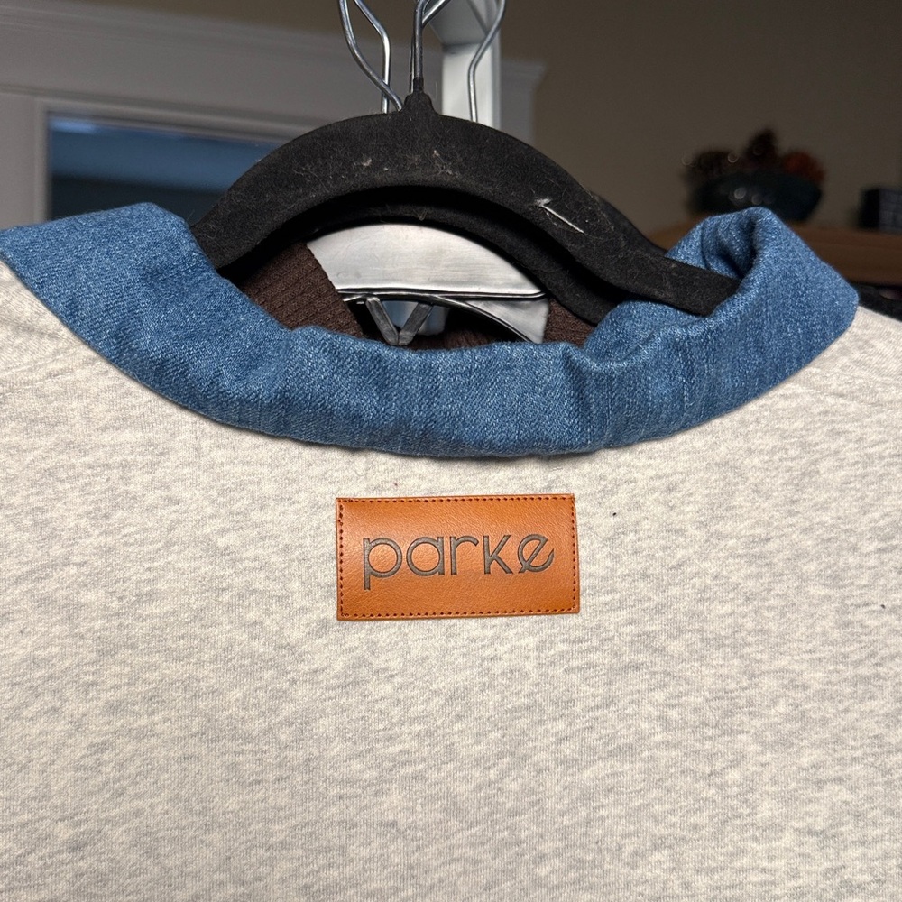PARKE Denim Collar Rugby Pullover Sweatshirt - Heather Gray & Denim Blue L/XL - Picture 3 of 4